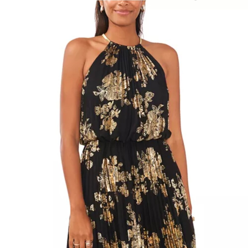 NWT - MSK Gold Pleated Chiffon Maxi Evening Dress Size 10